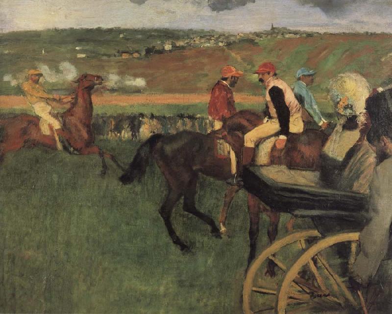Edgar Degas On the race place Jockeys next to a carriage oil painting image